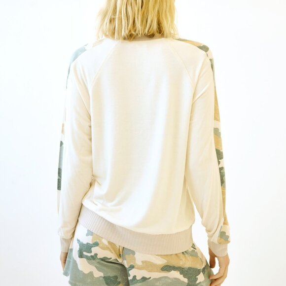 MYSTREE Cream Camo Sleeve Pullover Top Long Sleeve Lightweight Lounge Sweatshirt - Picture 7 of 9
